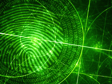 Green glowing fibonacci circles with digital fingerprint, computer generated abstract background, 3D renderingの写真素材