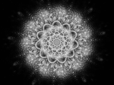 Glowing space mandala or snowflake abstract background, hinduism, black and white, 3D renderingの写真素材