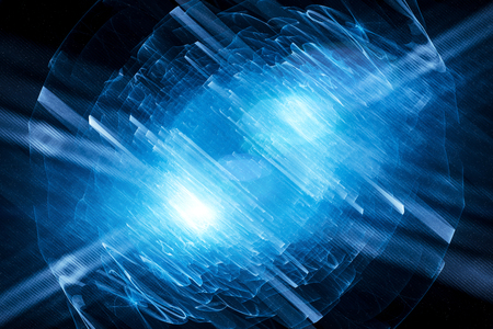Blue glowing quantum in excited state bursting light, computer generated abstract background, 3D renderingの写真素材
