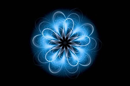 Blue glowing magical mandala flower insolated on black, computer generated abstract background, 3D renderingの写真素材