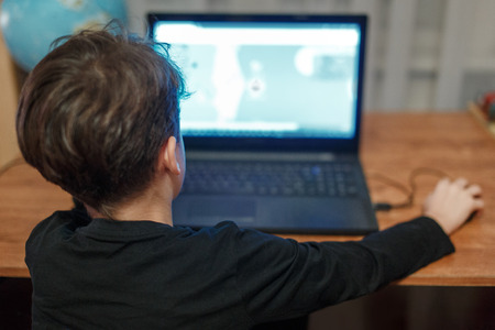 Little kid playing on laptop at home video gameの写真素材