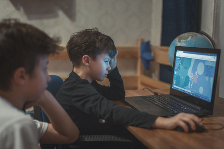 Little boys playing multiplayer video game on laptop at homeの写真素材