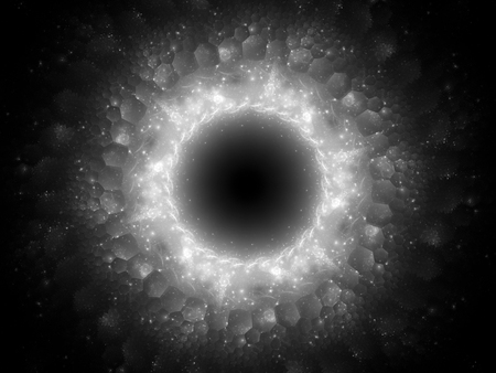 Glowing magical stargate in space with hexagonal patterns, computer generated abstract black and white texture, intensity map, 3D renderingの写真素材