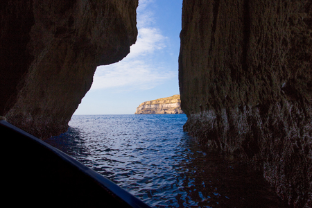 Boat tour at Azure Window, inside cave, Malta, Gozo, Europeの写真素材