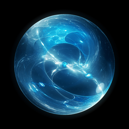 Blue glowing multidimensional energy sphere, isolated on black, computer generated abstract backgroundの写真素材