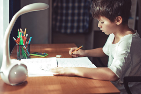 Young little schoolboy doing homework or learning at homeの写真素材