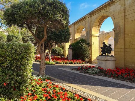 Arcs of Barrakka garden with flower at Valletta, Maltaの写真素材