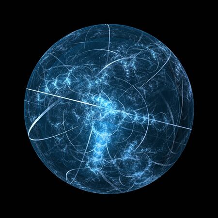 Blue glowing multidimensional sphere, computer generated abstract fractal, isolated on black, 3D renderingの写真素材