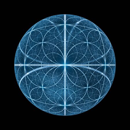 Blue glowing fibonacci circles ball, computer generated abstract fractal, isolated on black, 3D renderingの写真素材