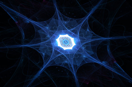 Blue glowing quantum processor with background layers, computer generated abstract artwork, 3D renderingの写真素材
