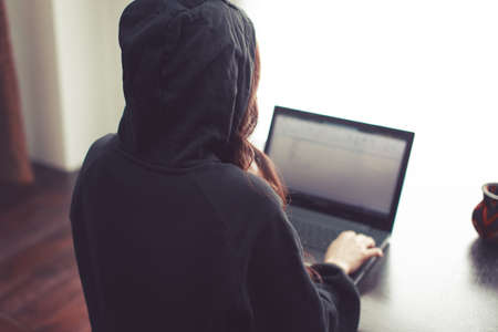 Brunette woman in hoodie working on laptop at home from back viewの写真素材