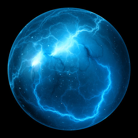 Blue glowing ball lightning, computer generated abstract object, isolated on black, 3D renderingの写真素材