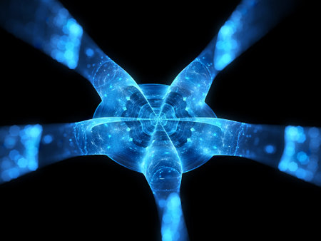 Blue glowing futuristic microscopic hub, computer generated abstract background, 3D renderingの写真素材