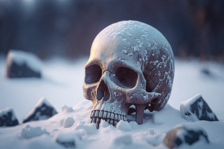 Skull in the snow during winter, global extinctionの写真素材