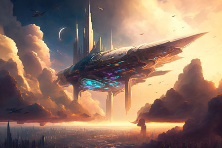 Futuristic huge floating spaceship over Earth surface, generative AIの写真素材