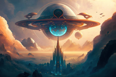 Futuristic floating planet shape spaceship over Earth, generative AIの写真素材