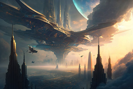 Floating megapolis over exoplanet, generative AIの写真素材