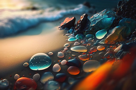 Colorful shining pebbles on beach, generative AIの写真素材
