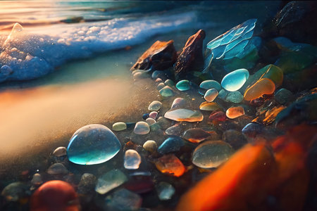 Colorful glowing pebbles on beach, generative AIの写真素材