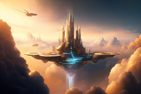 Futuristic flying city in clouds, generative AIの写真素材