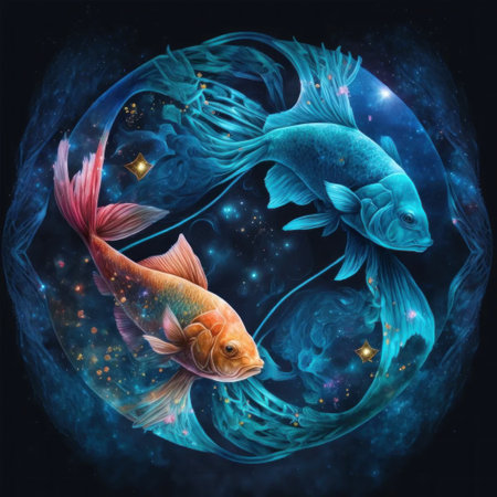 Beautiful goldfish in cosmic space, watercolor painting on dark backgroundの素材