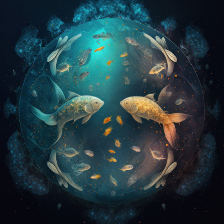 Koi fish in the ocean. 3D illustration. Sacred geometry.の素材