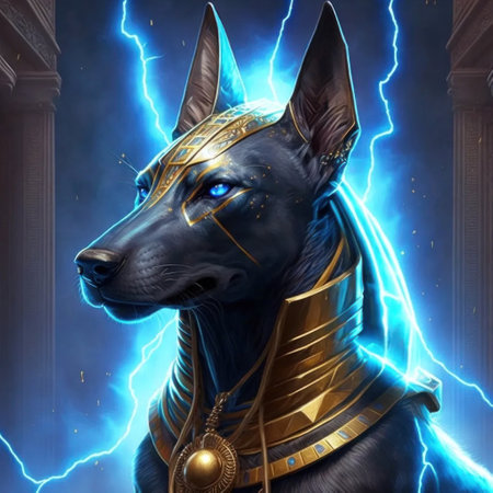 Digital Illustration of an Ancient Egyptian God Doberman with Glowing Lightの素材