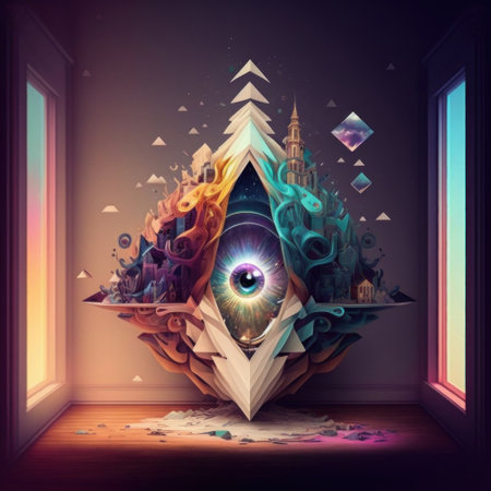 Abstract fantasy eye in the room with a window. 3d renderingの素材