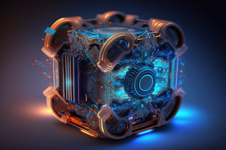 Fusion of futuristic quantum computer and alien technology with blue glowing lightの素材
