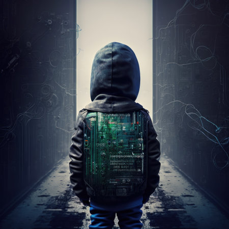 Little hacker boy with digital bag, generative AIの素材