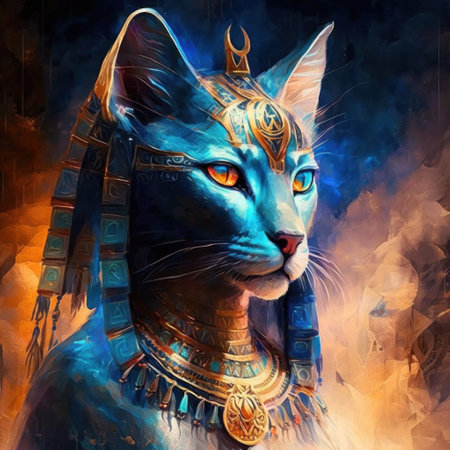 Digital painting of a cat in the Egyptian style with blue eyes.の素材