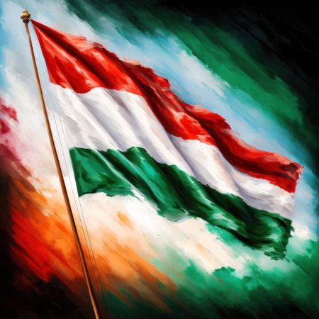 Hungarian flag waving in the wind against a blue sky with cloudsの素材