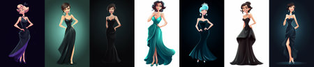 Set of glamorous women in night party dress cartoon style, generated AIの素材
