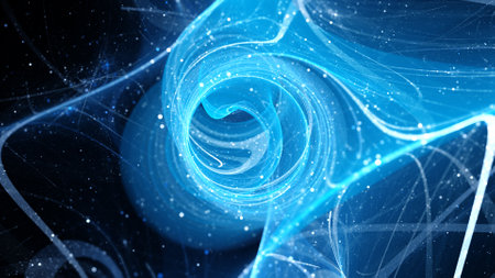 Blue glowing multidimensional quantum force field with elementary particles. 3D rendering