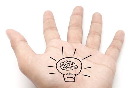 Brain, Lamp and Hand on white background.の写真素材