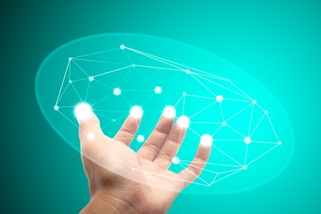 hand pushing on a touch screen interface Abstract business in the digital on green background の写真素材