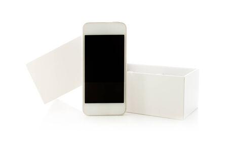 Smartphone with box isolated on white backgroundの写真素材