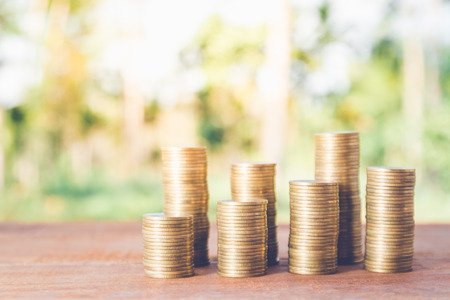 Money coin stack growing graph with nature backgroundの写真素材