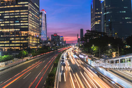 Jakarta, Indonesia - May 7, 2019 : Beautiful Gatot Subroto, Jakarta in the night has a blend of architecture, metropolitan culture, modernity, and nightlifeのeditorial素材