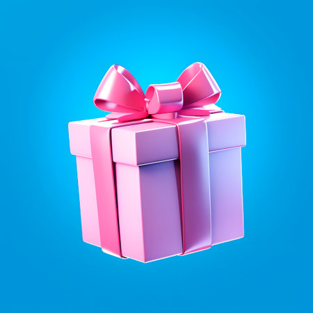 Pink gift box with pink bow on blue background. 3d renderingの素材