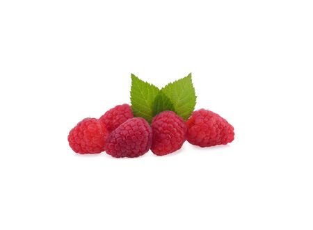 ripe raspberries with green leaf isolated on white background