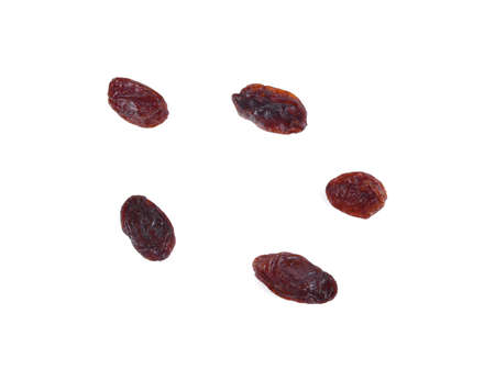 Top view of Dried raisins isolated on white backgroundの写真素材
