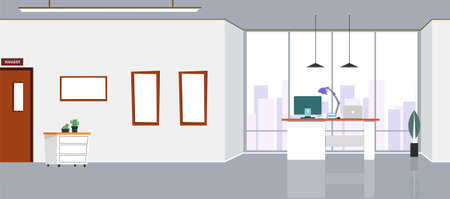 The design of a workplace, a modern office, a creative office workspace with large windows, interior furniture Vector illustration in flat design, website bannerのイラスト素材
