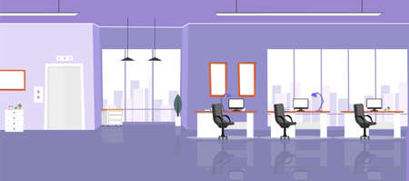 The design of a workplace, a modern office, a creative office workspace with large windows, interior furniture Vector illustration in flat design, website bannerのイラスト素材
