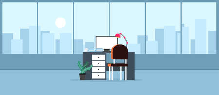 The design of a workplace, a modern office, a creative office workspace with large windows, interior furniture Vector illustration in flat design, website bannerのイラスト素材