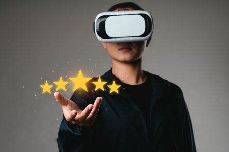girl wearing VR glasses Internet connection global metaverse customer or customer hand holds five...