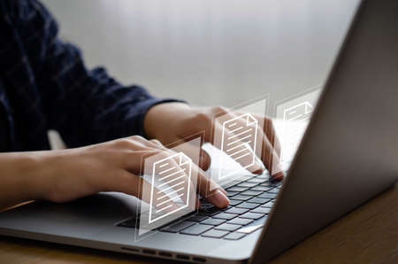 Businessman printing paperless workplace concept computer. electronic signing electronic signature...