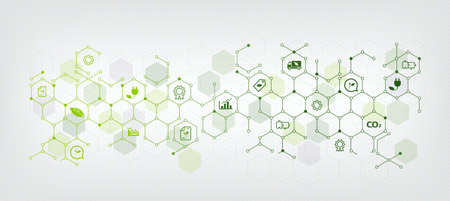 Sustainable business or green business vector illustration background. with connected icon concepts related to environmental protection and sustainability in business and hexagonのイラスト素材