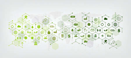 Green geometric business template and background for ECO sustainability concept related to environmental protection with ESG flat icons.のイラスト素材