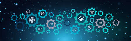 business information technology icon concept by a gear wheel cog and the linkage of technology in blue background lightの写真素材